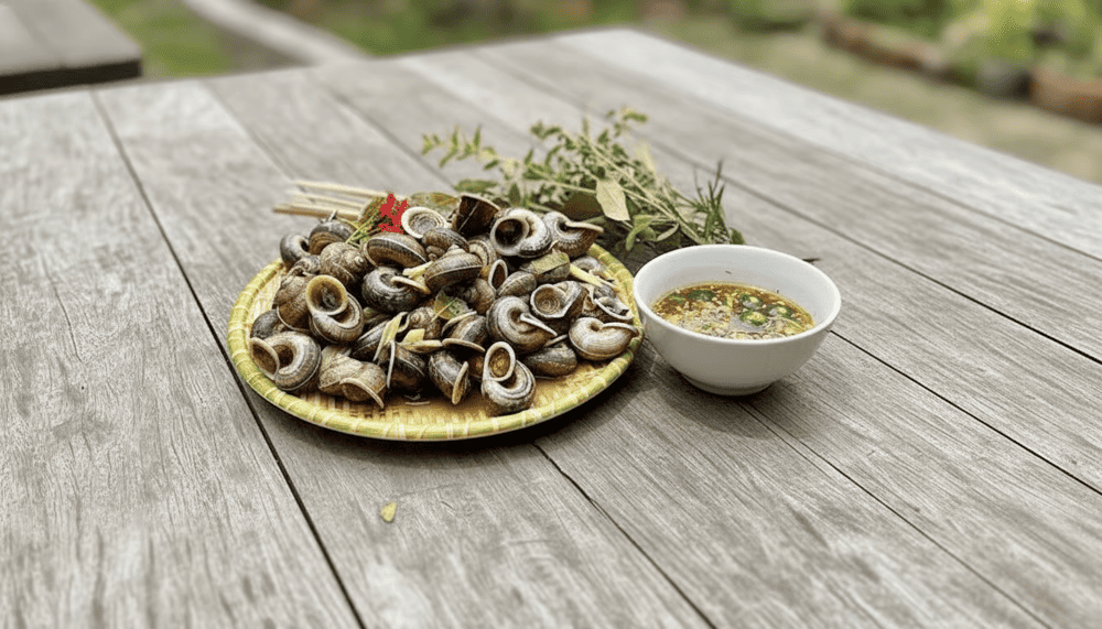 Mountain snails, found in limestone crevices, have a sweet and crunchy taste, often steamed with lemongrass or stir-fried with herbs